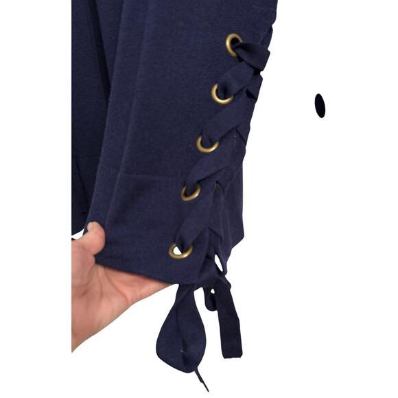 Roaman's NWOT Wool Blend Laced Up Sweater Women's 1X Navy Blue Boho Coastal - Picture 2 of 8